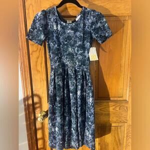 LuLaRoe Amelia Dress Pockets Pleated Full Skirt Zip Fit Flare Midi Blue XXS NWT